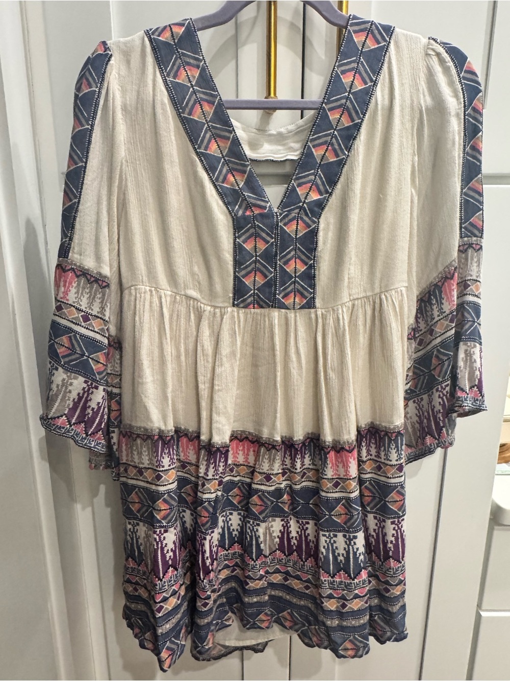 Free People Boho Embroidered V-Neck Tunic Dress